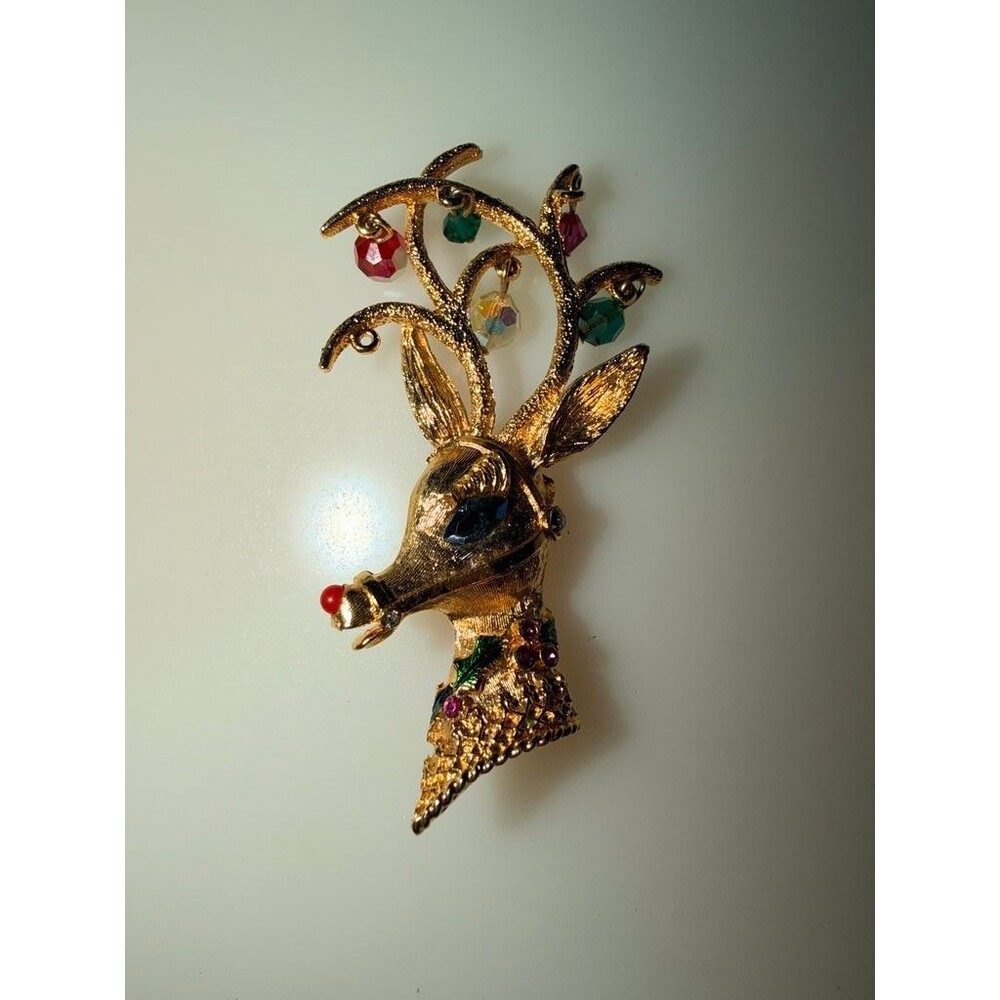 Vintage MYLU Reindeer Christmas Brooch with Rhinestones
